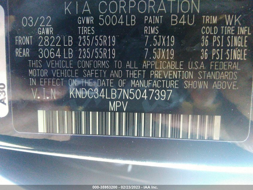 2022 KIA EV6 LIGHT KNDC34LB7N5047397