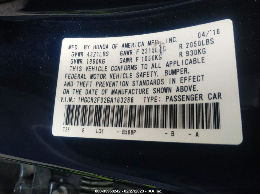 2016 HONDA ACCORD SEDAN EX - 1HGCR2F02GA183266