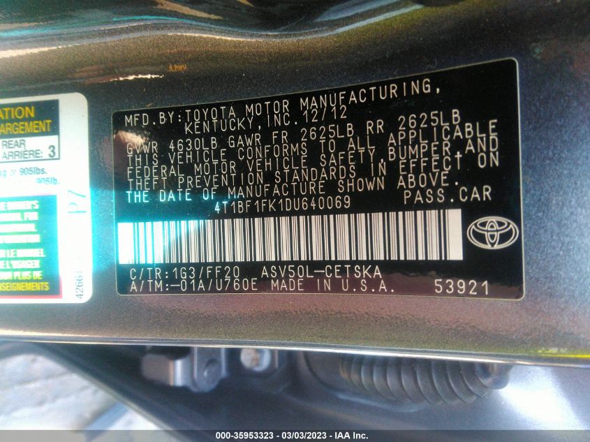 2013 TOYOTA CAMRY L/LE/SE/XLE - 4T1BF1FK1DU640069