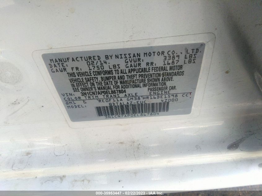 2014 NISSAN VERSA S PLUS - 3N1CN7AP0EL867804