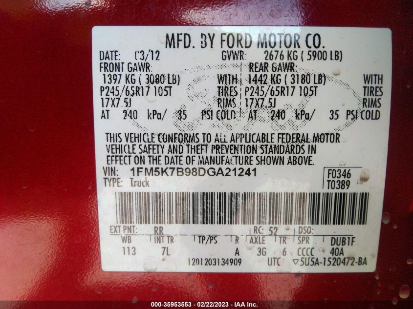 2013 FORD EXPLORER BASE - 1FM5K7B98DGA21241