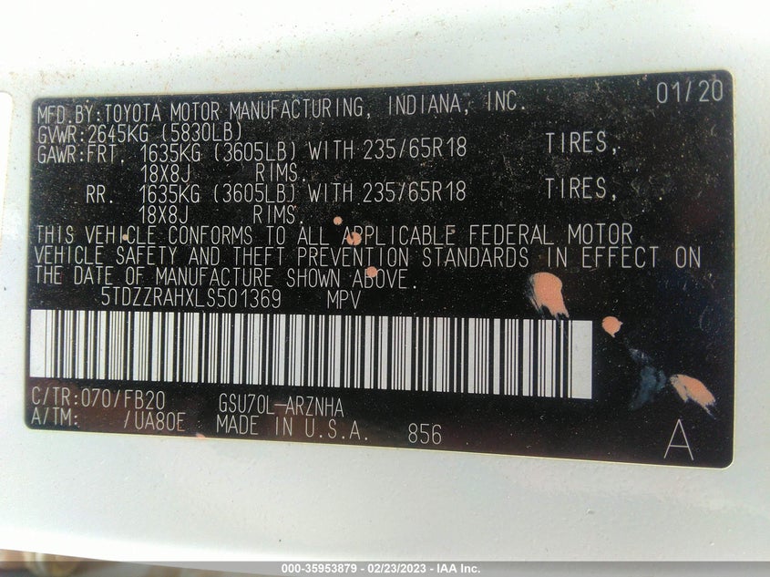 VIN 5TDZZRAHXLS501369 2020 TOYOTA HIGHLANDER LE/L