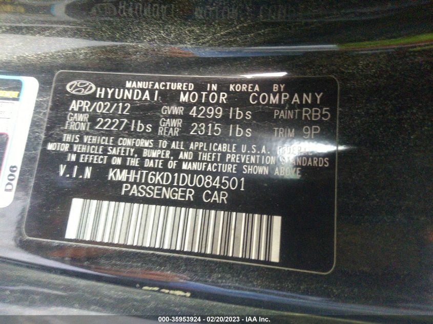 2013 HYUNDAI GENESIS COUPE 2.0T KMHHT6KD1DU084501