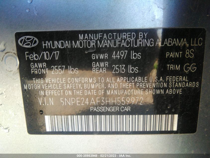 2017 HYUNDAI SONATA SE - 5NPE24AF3HH559972