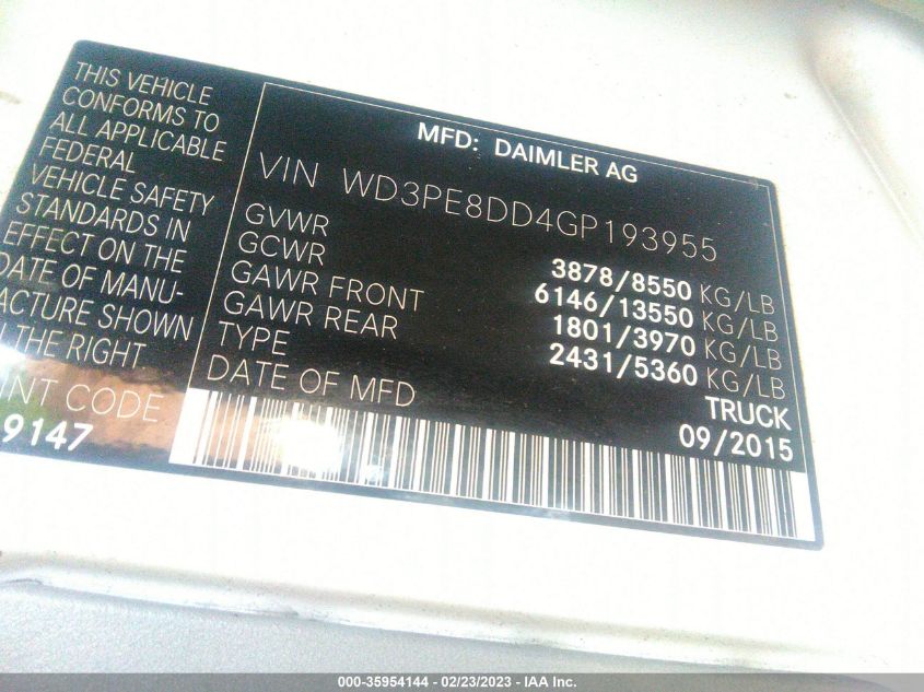 2016 MERCEDES-BENZ SPRINTER CARGO VANS WD3PE8DD4GP193955