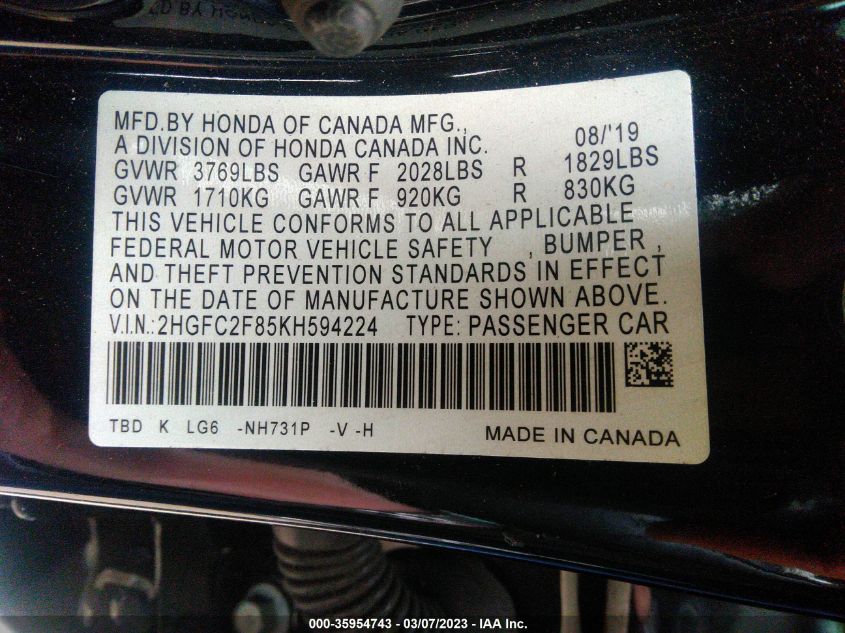 2019 HONDA CIVIC SEDAN SPORT - 2HGFC2F85KH594224