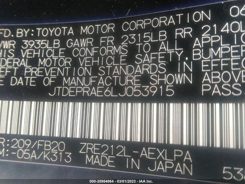 2020 TOYOTA COROLLA LE - JTDEPRAE6LJ053915