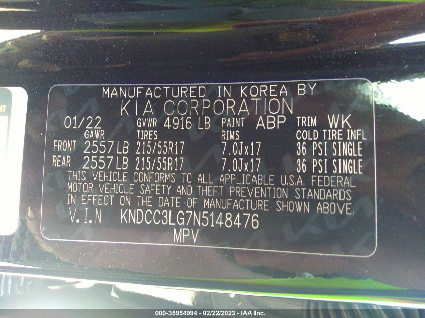 2022 KIA NIRO EV EX - KNDCC3LG7N5148476