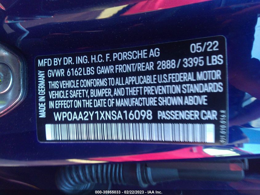 2022 PORSCHE TAYCAN WP0AA2Y1XNSA16098
