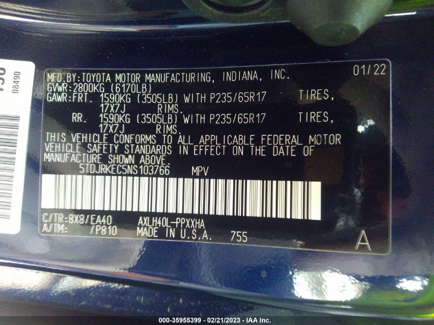 2022 TOYOTA SIENNA XLE - 5TDJRKEC5NS103766