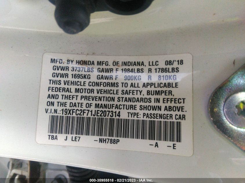 VIN 19XFC2F71JE207314 2018 HONDA CIVIC SEDAN EX
