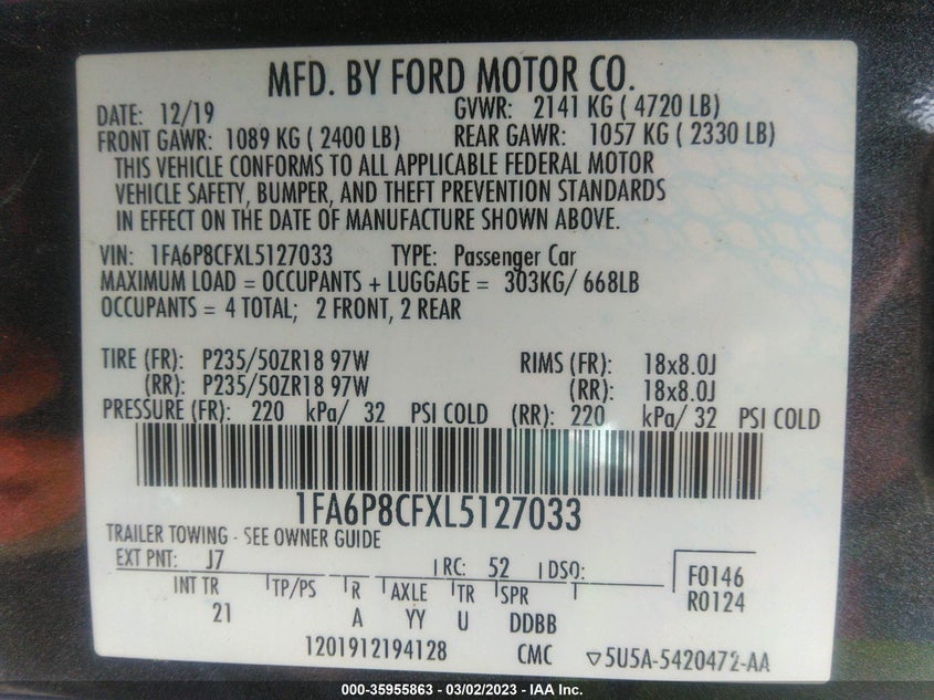 VIN 1FA6P8CFXL5127033 2020 FORD MUSTANG GT