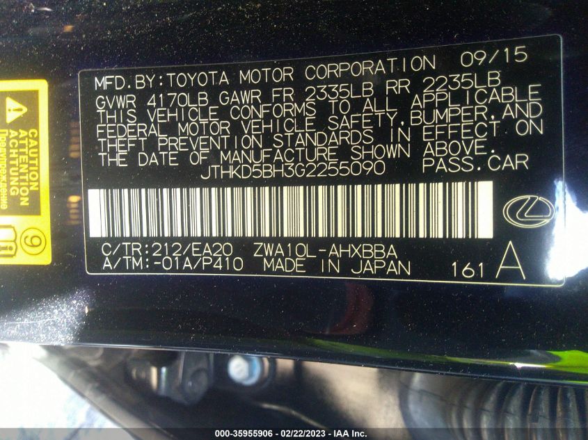 2016 LEXUS CT 200H HYBRID - JTHKD5BH3G2255090