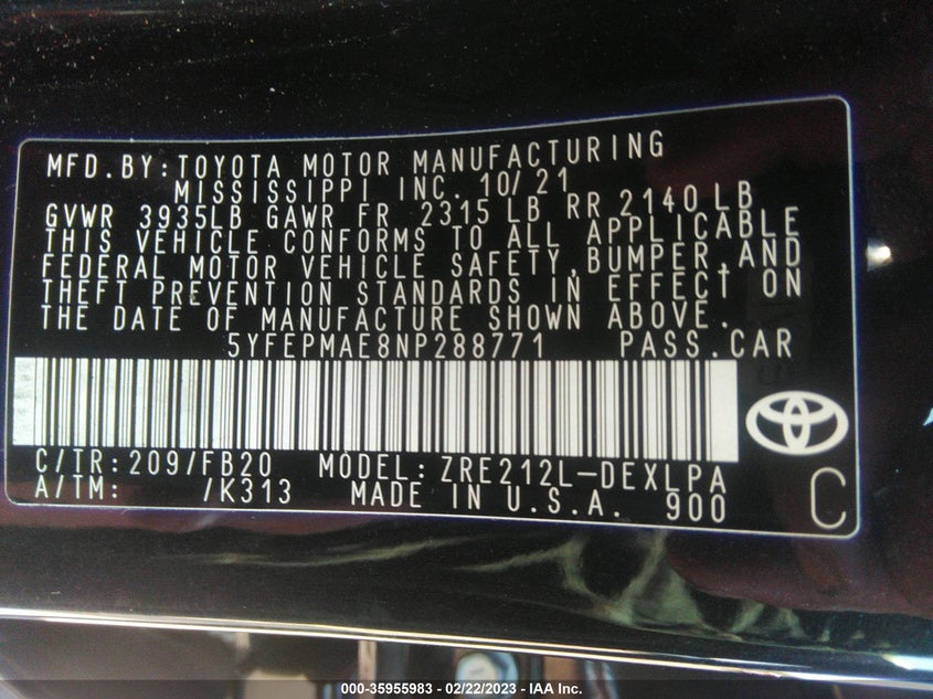 VIN 5YFEPMAE8NP288771 2022 TOYOTA COROLLA LE