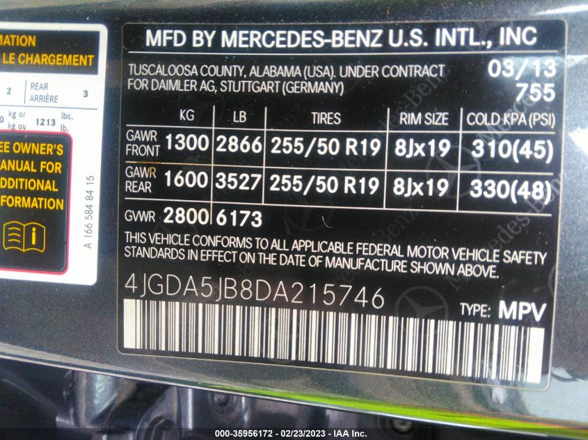 2013 MERCEDES-BENZ M-CLASS ML 350 - 4JGDA5JB8DA215746