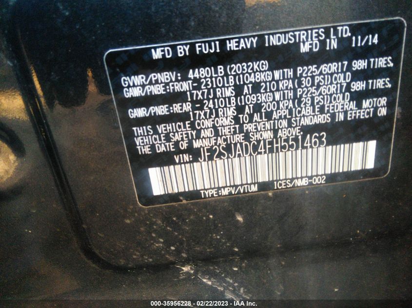 2015 SUBARU FORESTER 2.5I PREMIUM - JF2SJADC4FH551463