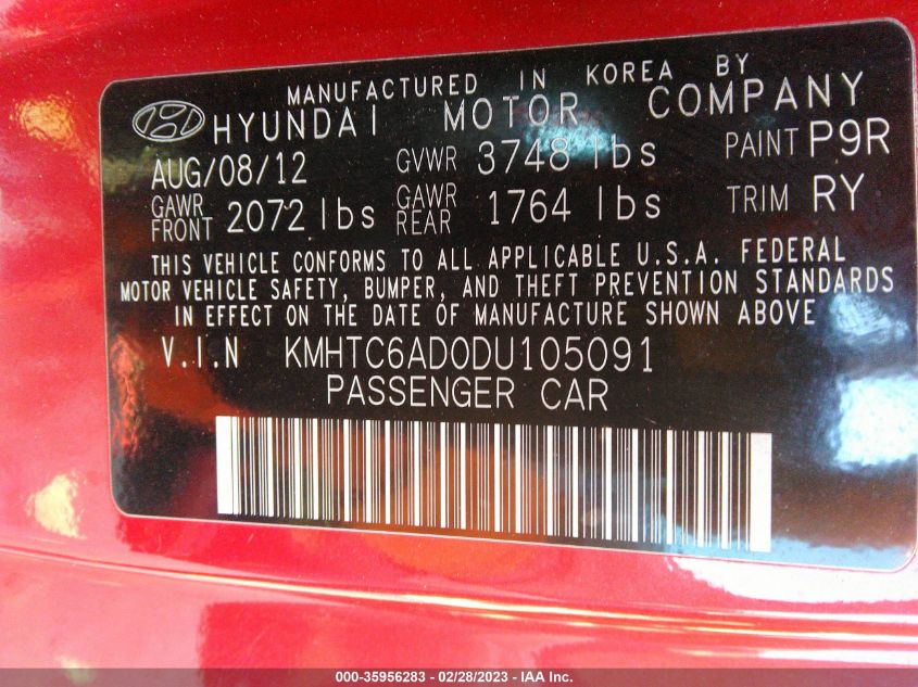 2013 HYUNDAI VELOSTER W/GRAY INT - KMHTC6AD0DU105091