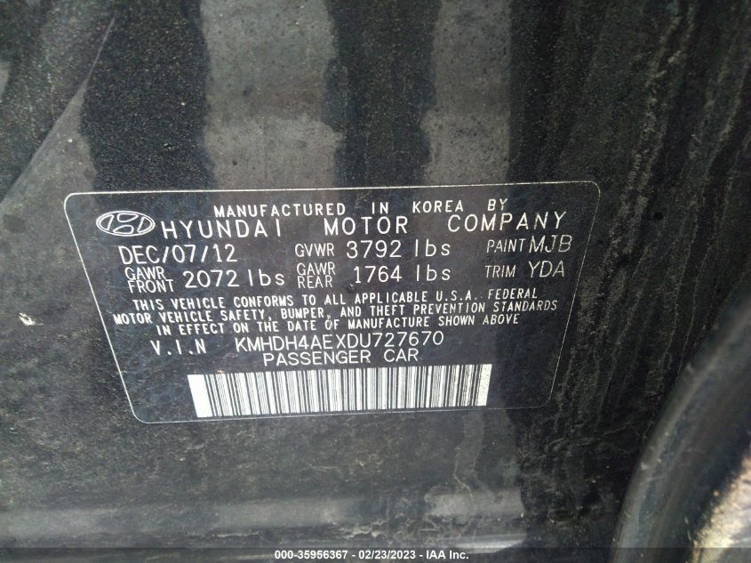2013 HYUNDAI ELANTRA LIMITED - KMHDH4AEXDU727670