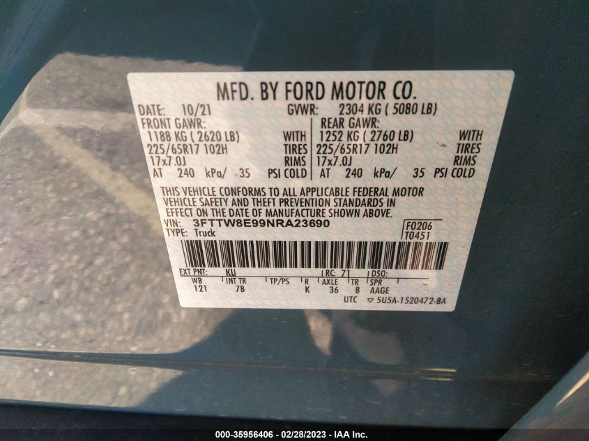 2022 FORD MAVERICK XL/XLT/LARIAT - 3FTTW8E99NRA23690