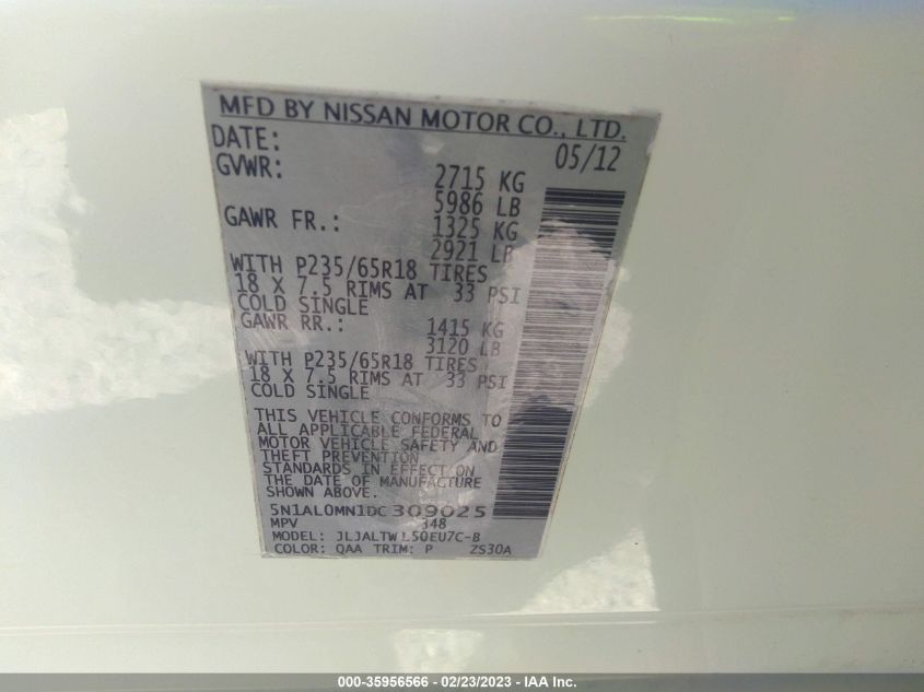 2013 INFINITI JX - 5N1AL0MN1DC309025