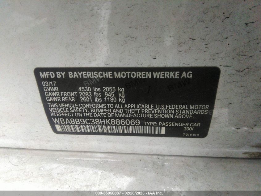 2017 BMW 3 SERIES 330I - WBA8B9C38HK886069