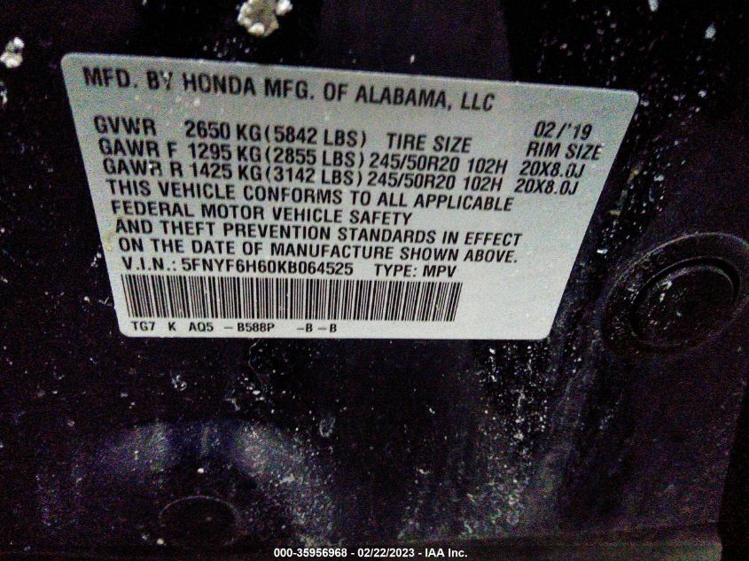 2019 HONDA PILOT TOURING 7-PASSENGER - 5FNYF6H60KB064525