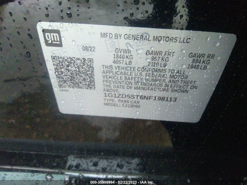 2022 CHEVROLET MALIBU LT - 1G1ZD5ST6NF198113