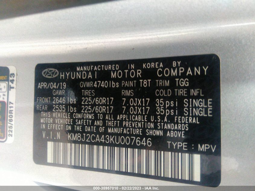 2019 HYUNDAI TUCSON SE - KM8J2CA43KU007646