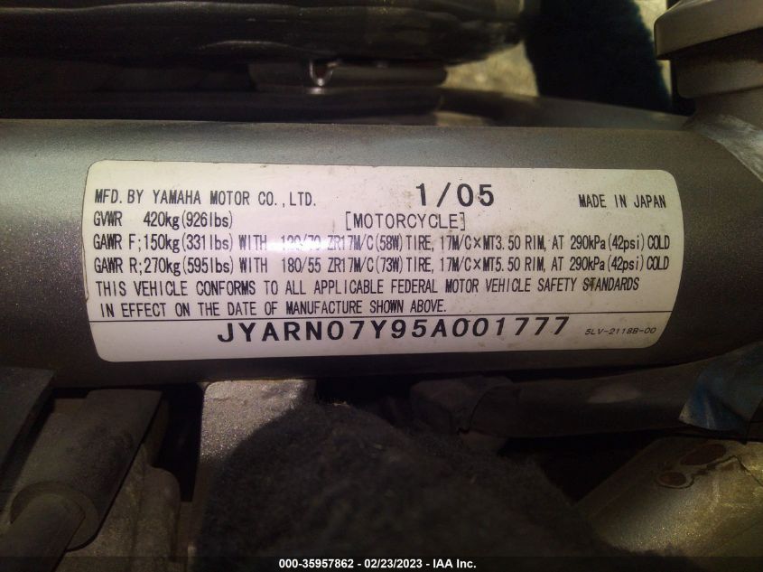 2005 YAMAHA FZS10 JYARN07Y95A001777