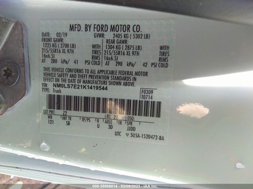2019 FORD TRANSIT CONNECT VAN XL NM0LS7E21K1419544