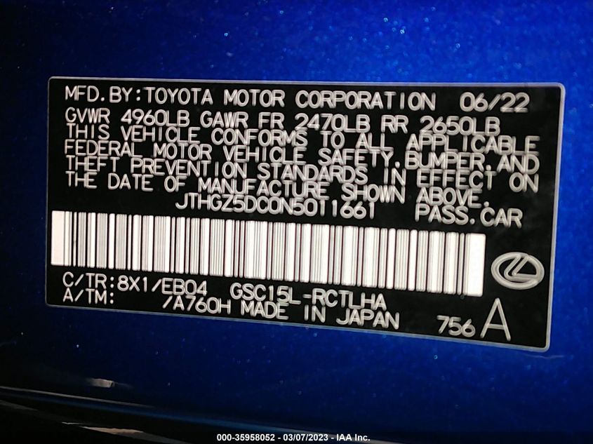 2022 LEXUS RC RC 350 F SPORT - JTHGZ5DC0N5011661