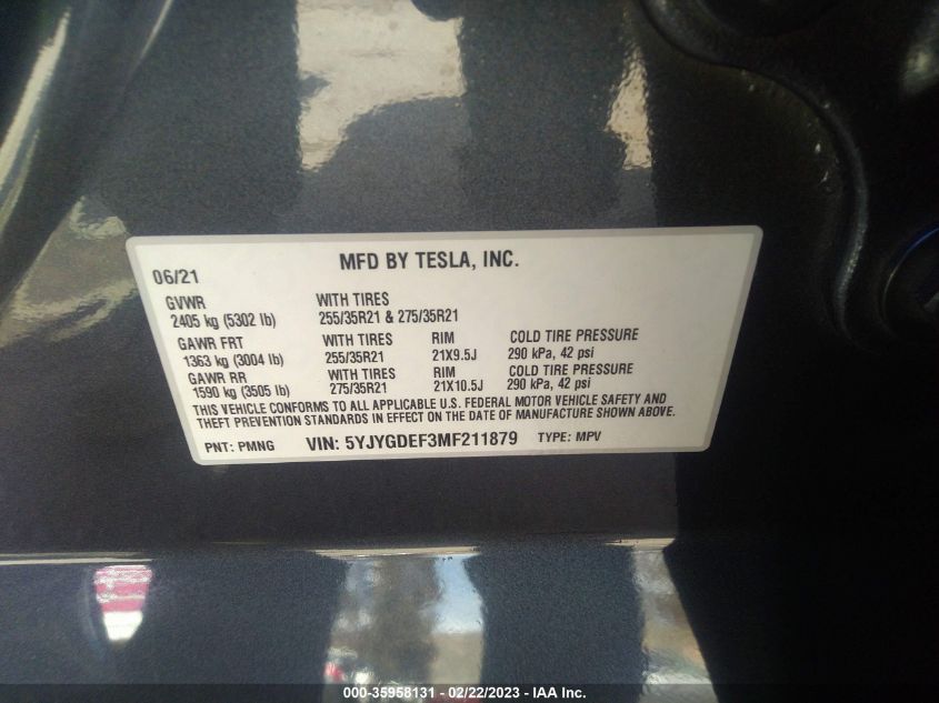 2021 TESLA MODEL Y PERFORMANCE - 5YJYGDEF3MF211879