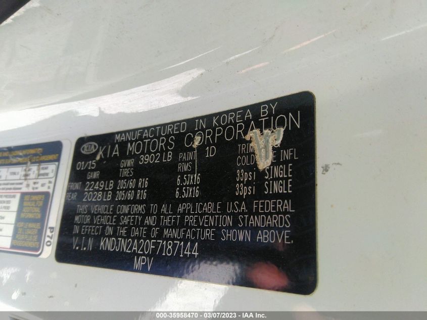 2015 KIA SOUL BASE - KNDJN2A20F7187144