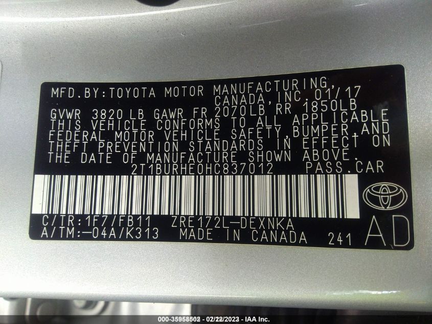 2017 TOYOTA COROLLA L/LE/XLE/SE - 2T1BURHE0HC837012