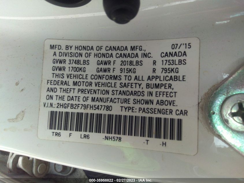 2015 HONDA CIVIC SEDAN SE - 2HGFB2F79FH547780