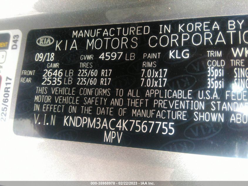 2019 KIA SPORTAGE LX - KNDPM3AC4K7567755