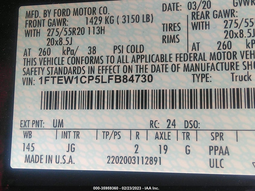 VIN 1FTEW1CP5LFB84730 2020 FORD F-150 XL/XLT/LARIAT