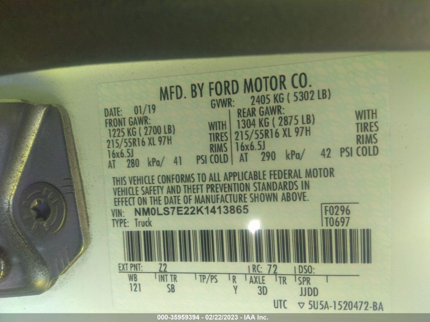 2019 FORD TRANSIT CONNECT VAN XL NM0LS7E22K1413865