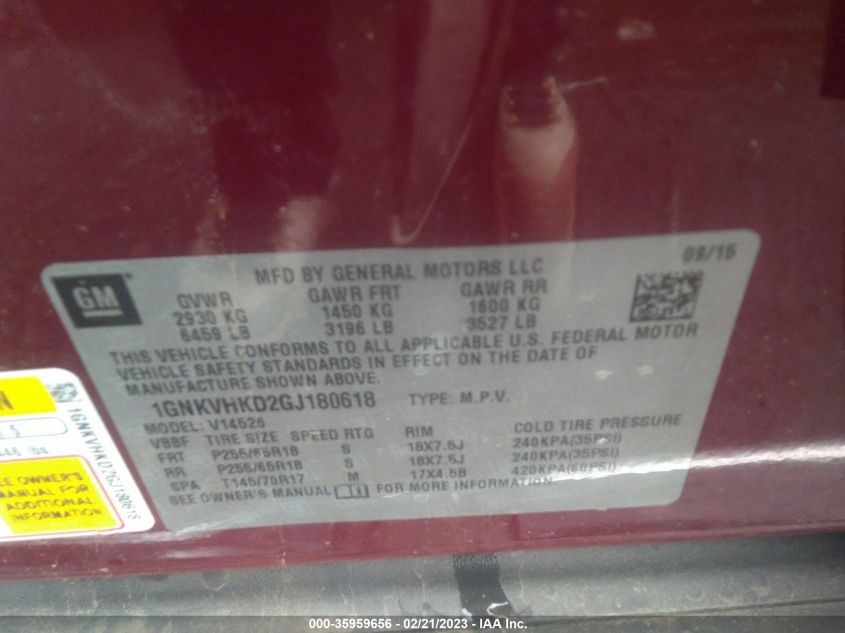 2016 CHEVROLET TRAVERSE LT - 1GNKVHKD2GJ180618
