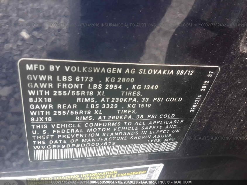 2013 VOLKSWAGEN TOUAREG SPORT WVGEF9BP9DD007879