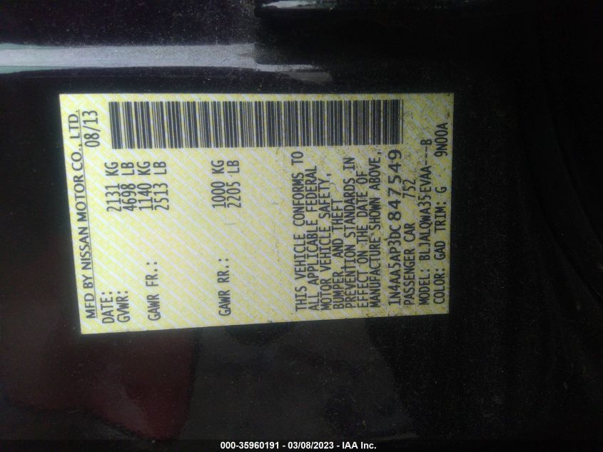 2013 NISSAN MAXIMA 3.5 S - 1N4AA5AP3DC847549