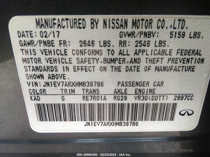 VIN JN1EV7ARXHM839786 2017 INFINITI Q50 3.0T SIGNATURE EDITION