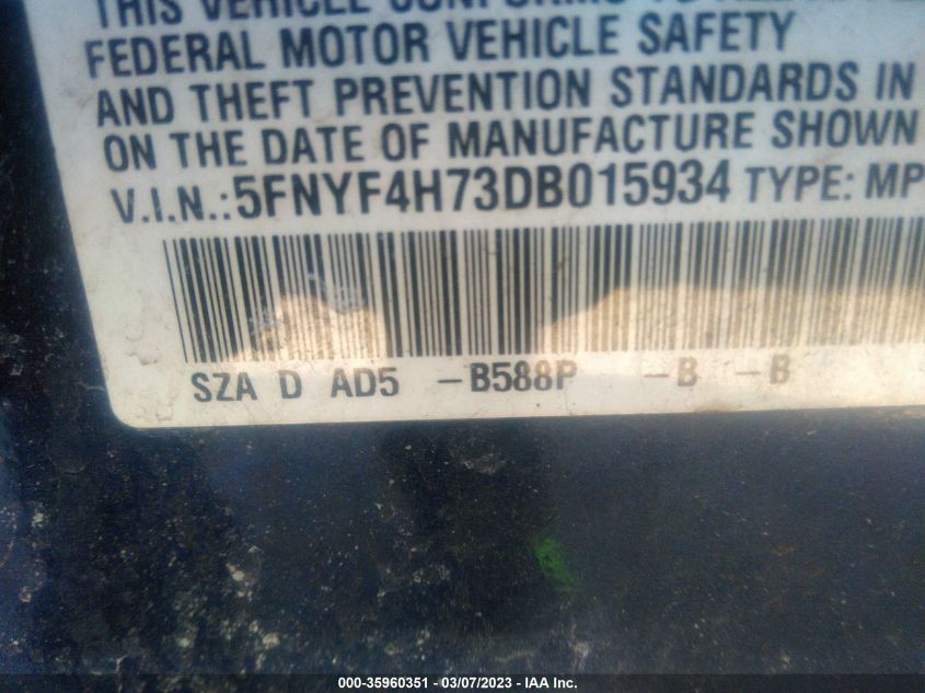 2013 HONDA PILOT EX-L - 5FNYF4H73DB015934