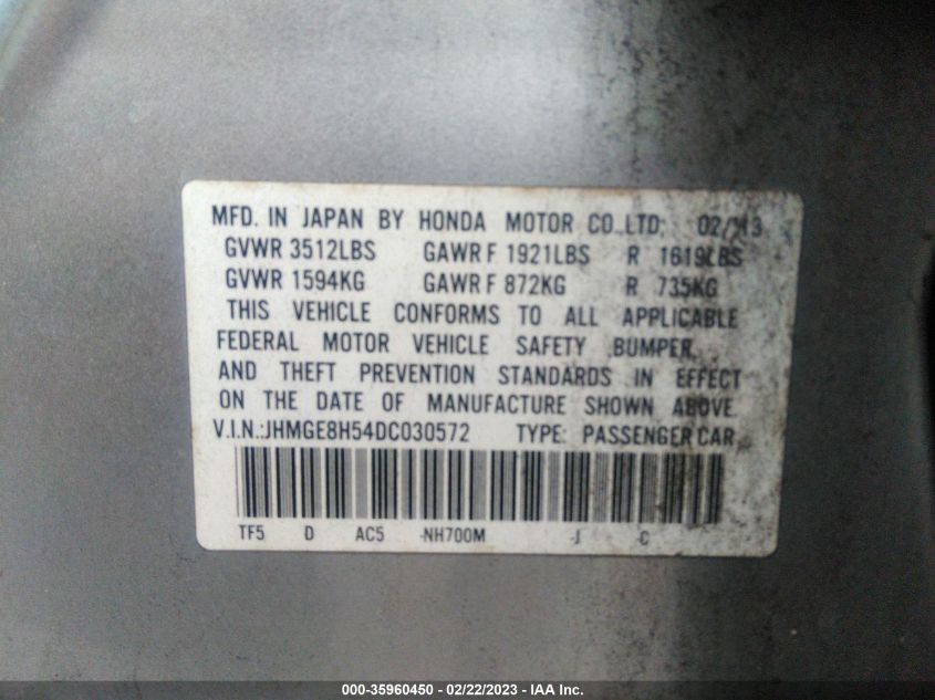 2013 HONDA FIT SPORT - JHMGE8H54DC030572