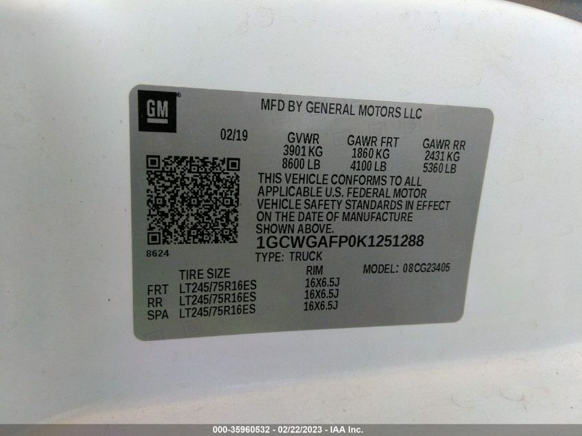 2019 CHEVROLET EXPRESS CARGO VAN 1GCWGAFP0K1251288