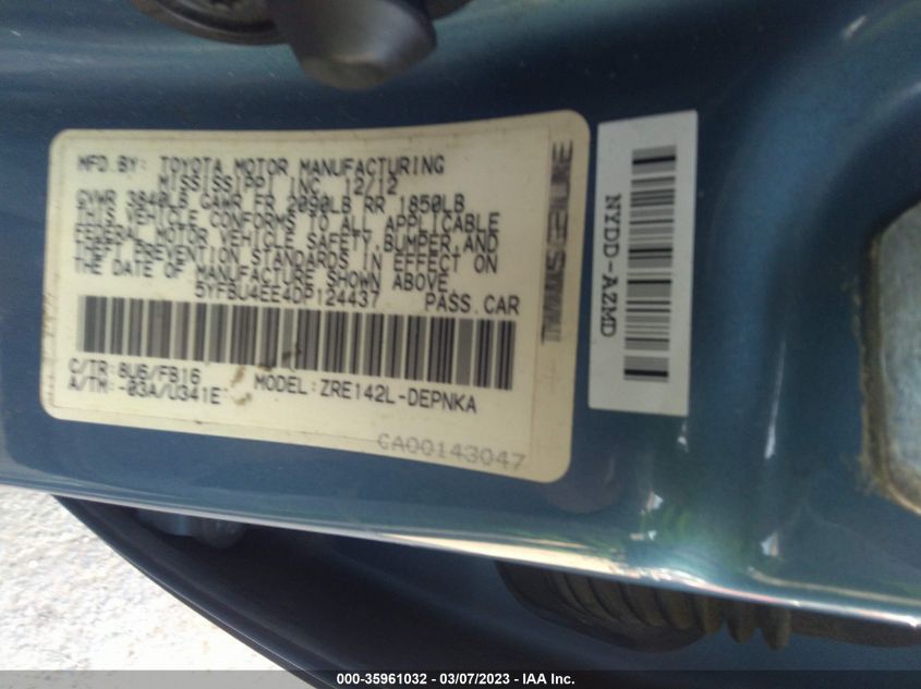 2013 TOYOTA COROLLA L/LE/S - 5YFBU4EE4DP124437
