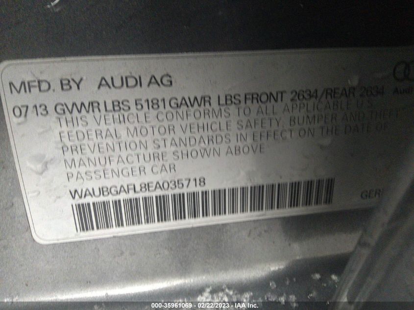 2014 AUDI S4 PREMIUM PLUS WAUBGAFL8EA035718