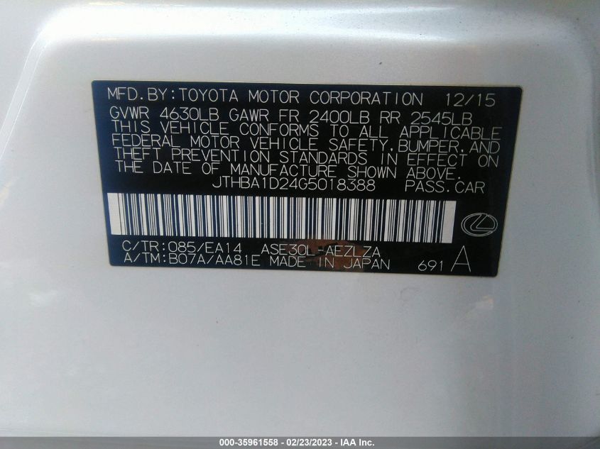 2016 LEXUS IS 200T JTHBA1D24G5018388