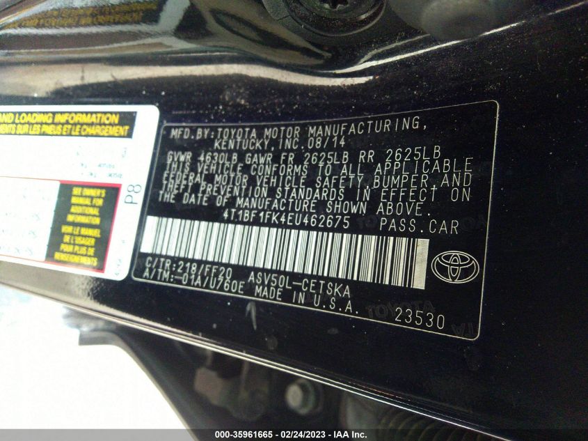 2014 TOYOTA CAMRY L/LE/XLE/SE/SE SPORT - 4T1BF1FK4EU462675