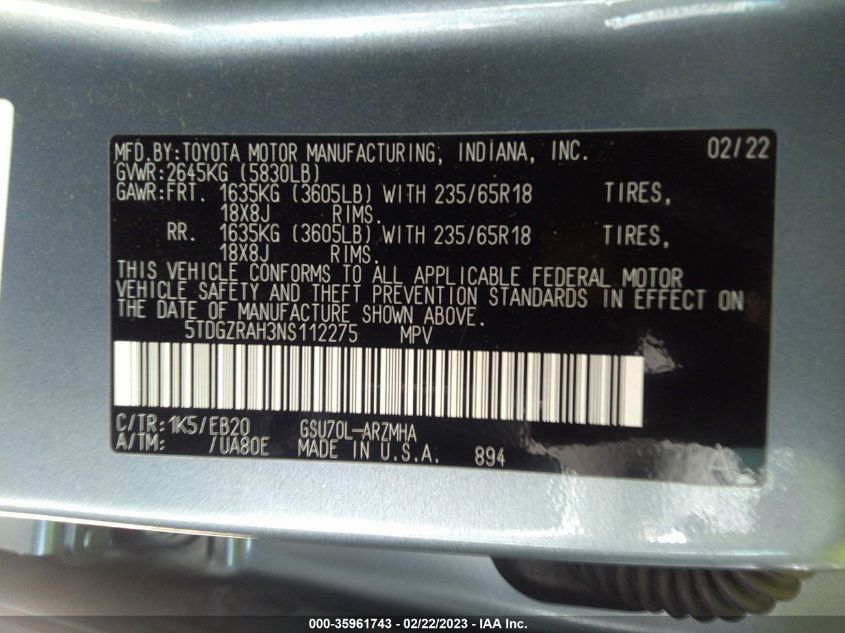 2022 TOYOTA HIGHLANDER XLE - 5TDGZRAH3NS112275
